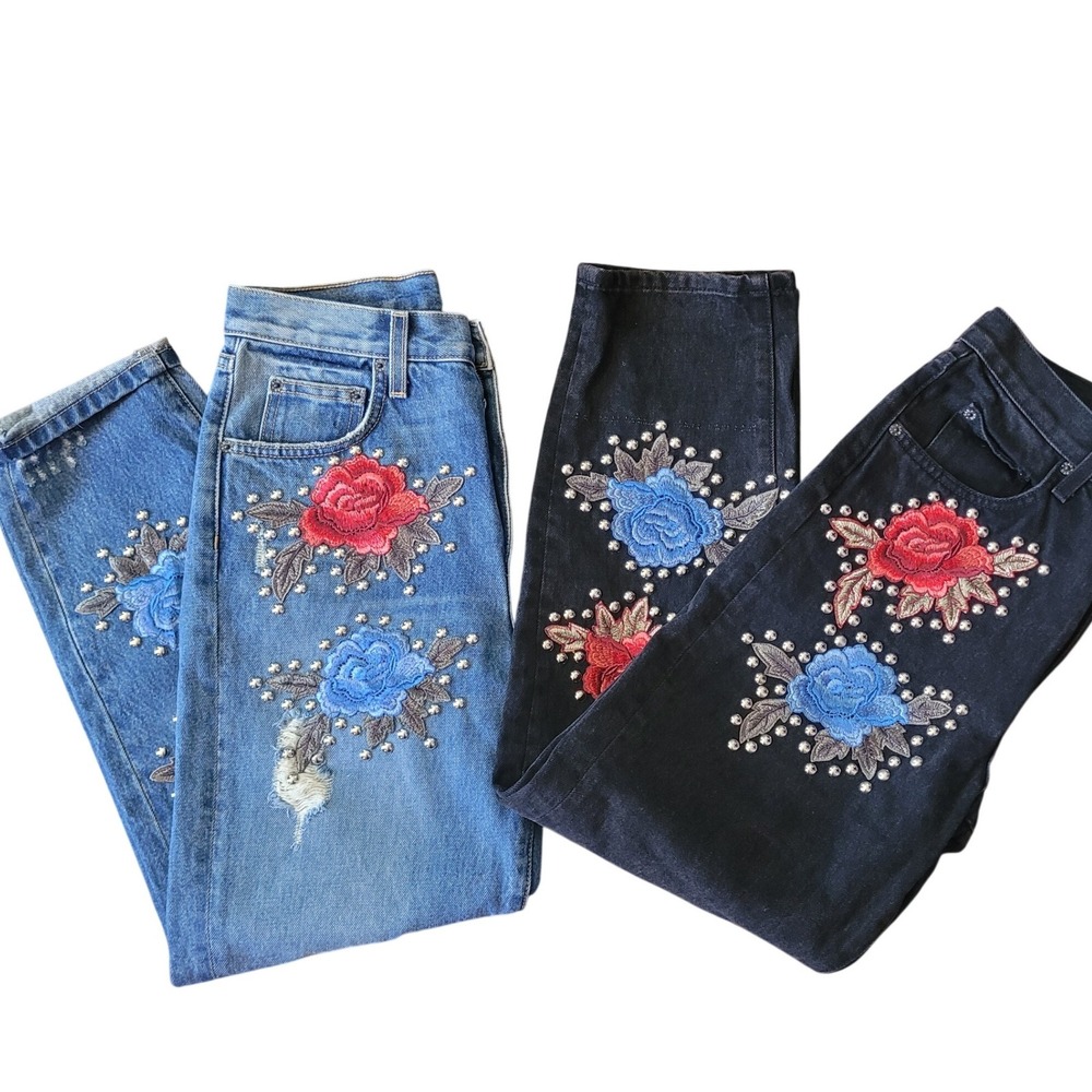 CARMAR Denim Jeans Lot 26/2‎ Floral Embroidered Studded Blue Black Straight Leg